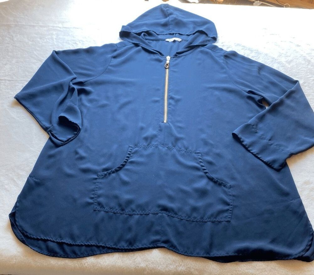 Soft Surroundings Zippy Hoodie Women Blue XL Pullover 1/2 Zip Tunic Pockets